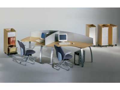 Ultima - Beech Crescent Desks with Silver MFC Screens and Mobile Storage